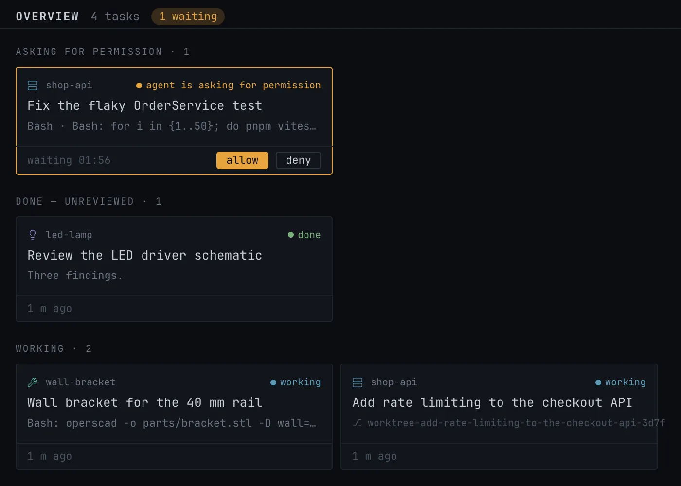 OVERVIEW ⌘0: every task grouped by state, allow and deny on the tile.