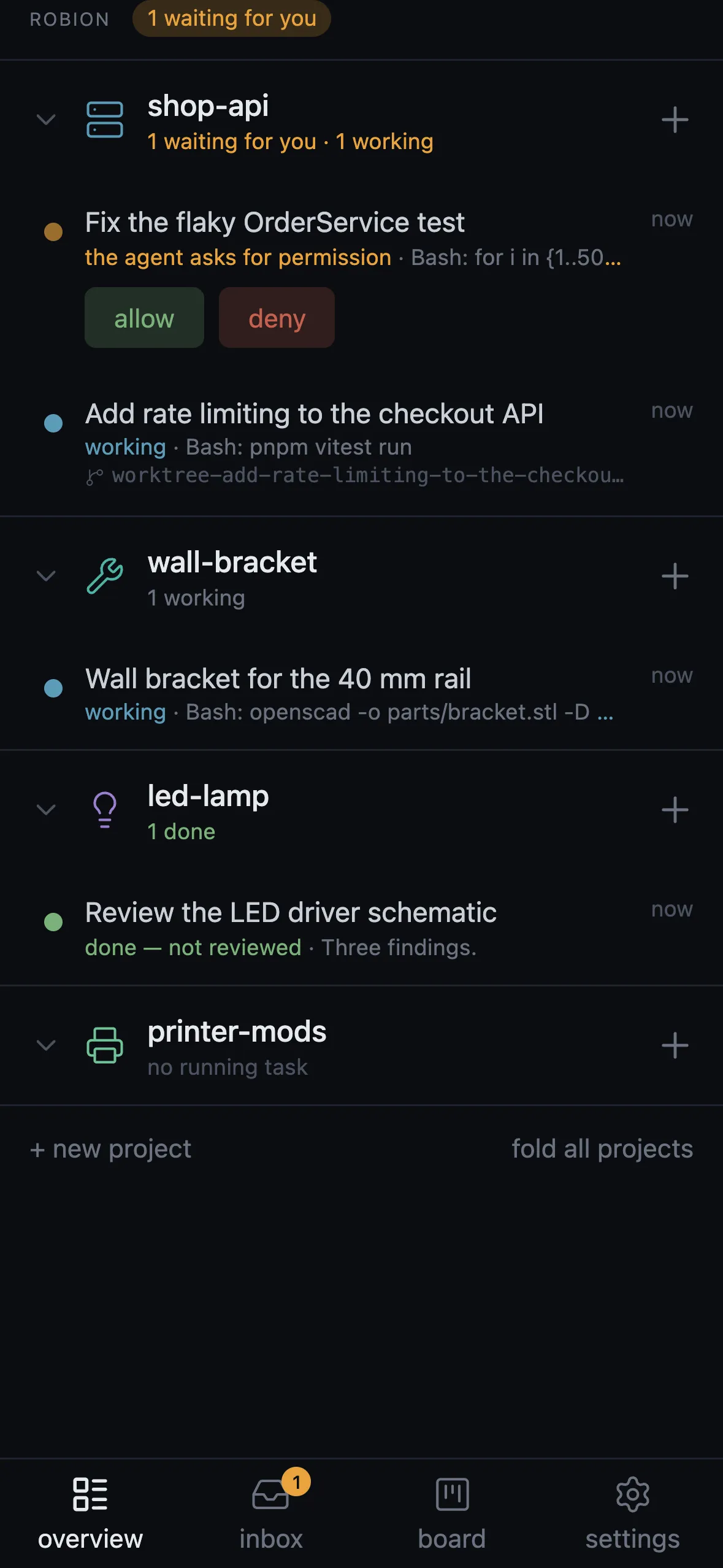 Phone: the project list with a task asking for permission, allow and deny buttons under it.