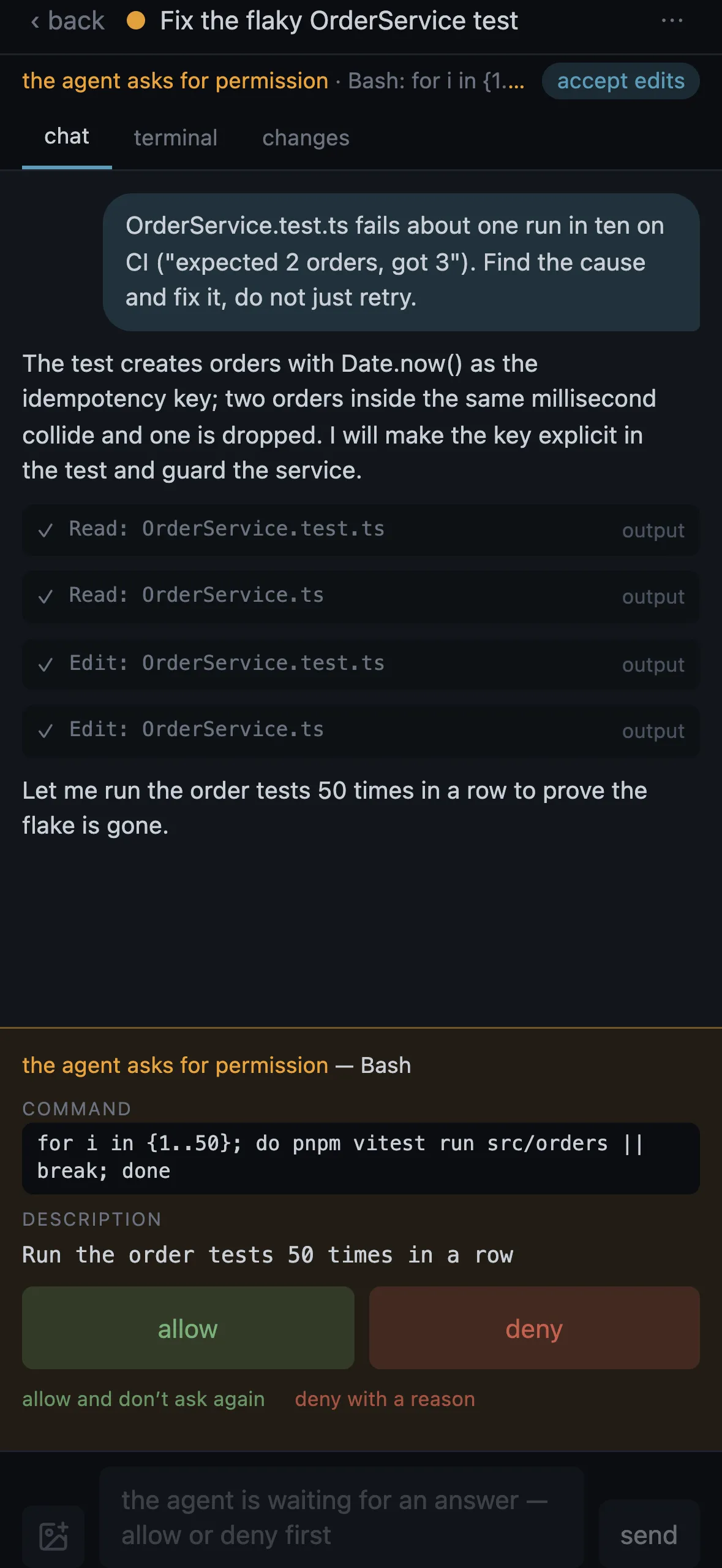 Phone: the chat of a task with the agent’s permission ask — command, description, allow, deny, deny with a reason.
