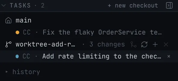 TASKS: the main checkout and a worktree with three uncommitted changes.